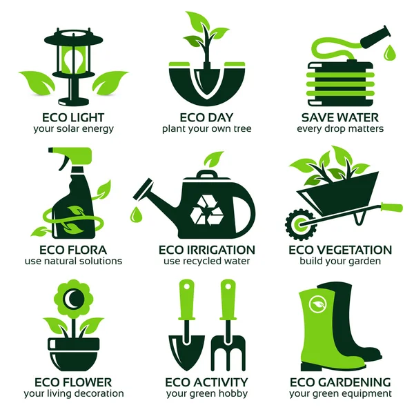 Conjunto de iconos planos para jardín ecológico verde — Vector de stock