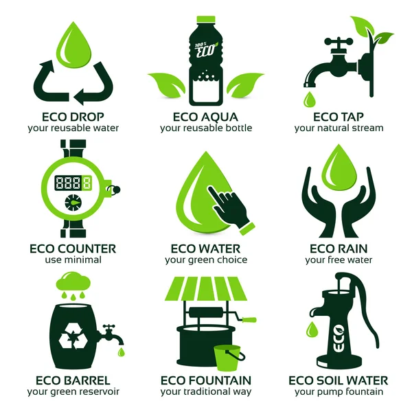 Conjunto de iconos planos para agua ecológica verde — Archivo Imágenes Vectoriales