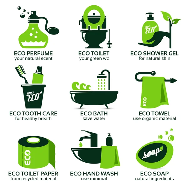 Conjunto de iconos planos para baño ecológico verde — Archivo Imágenes Vectoriales