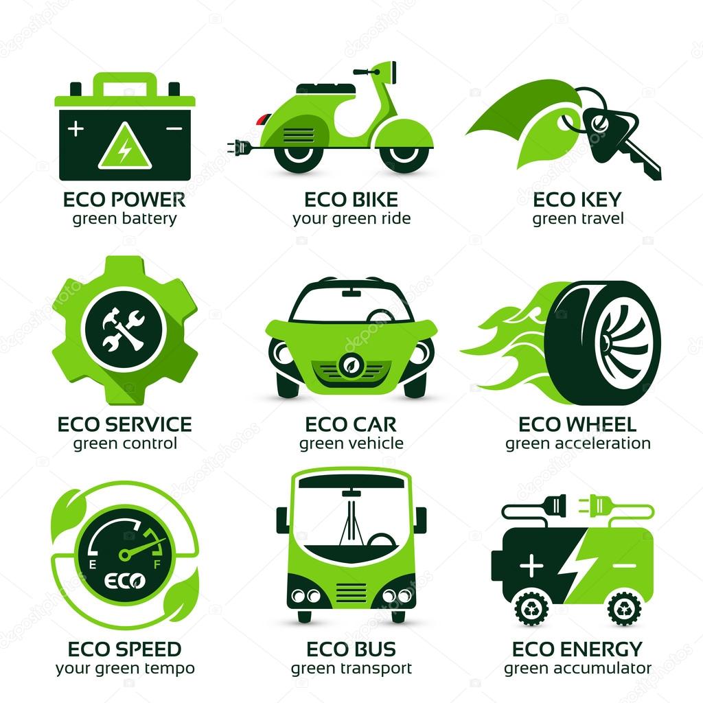 Flat icon set for green eco urban traffic, the drop shadow contains transparencies, eps10