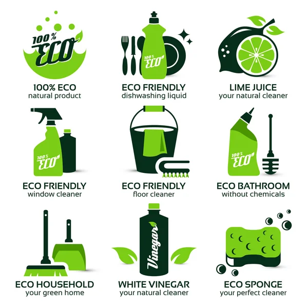 Set de iconos planos para limpieza ecológica verde — Vector de stock