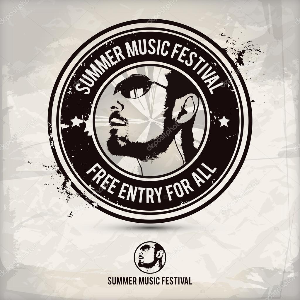 Summer music festival stamp on textured background, which is made from several transparent layers for a worn, rubbed effect, therefore saved in eps 10
