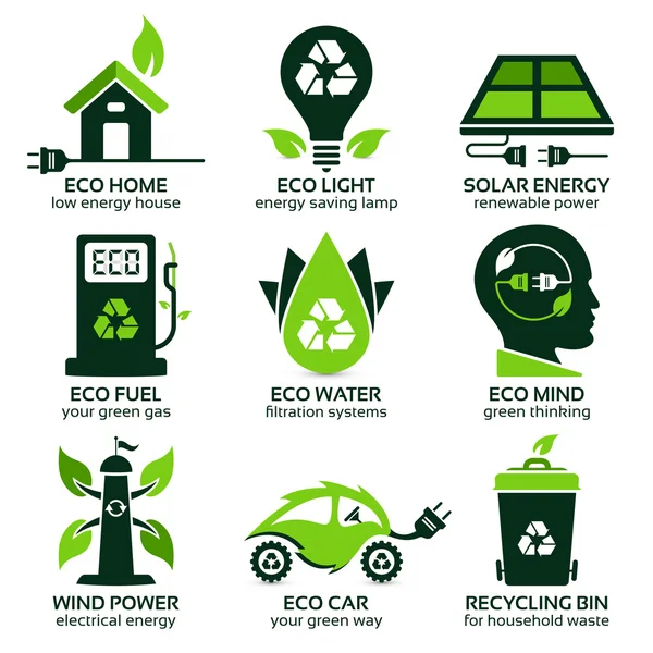 Eco flat symbols promoting green lifestyle in the household — Stock Vector