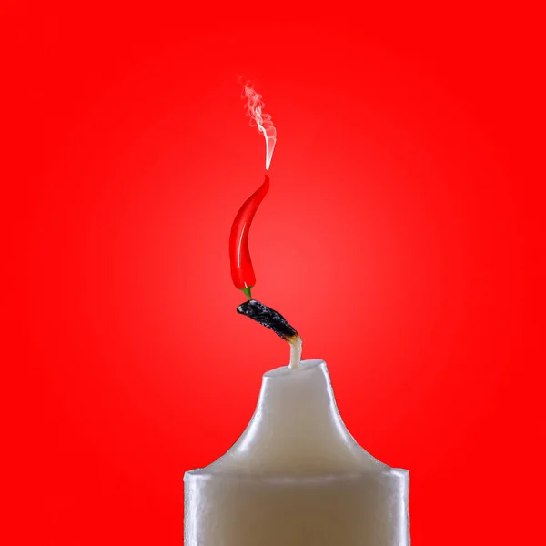 Hot Chili Peppers Candles Red Background Close Smoke Candle Burns — Stock Photo, Image