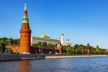 Kremlin embankment. View of the Moscow Kremlin from the water of the Moskva River on a sunny summer day - Moscow, Russia, July 2021