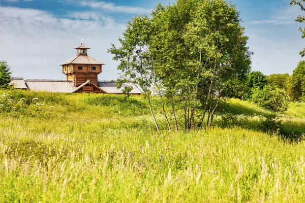 Paisagem Rural Idílica Com Uma Igreja Madeira Paisagem Verão Uma — Fotografia de Stock