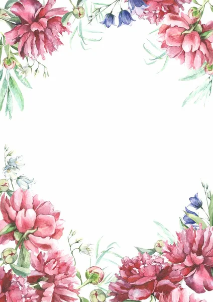Акварельні Квіти Фонова Рамка Піоновим Борделем Дзвоном — стокове фото