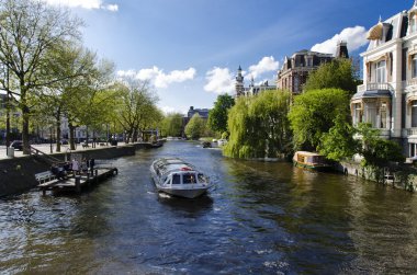 Turist tekne yelken Amsterdam Hollanda kanallar