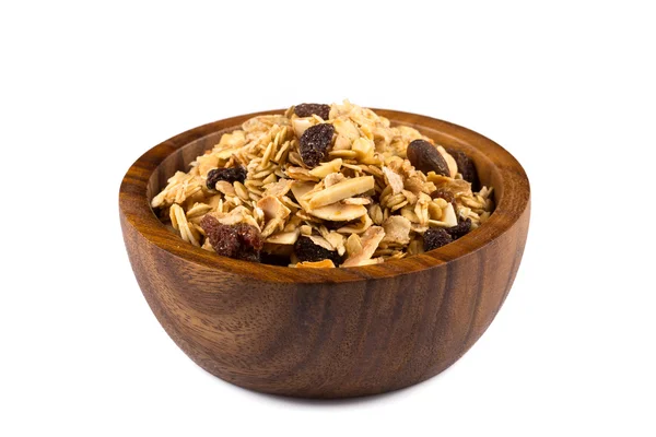 Breakfast cereals in wood bowl — Stock Photo, Image