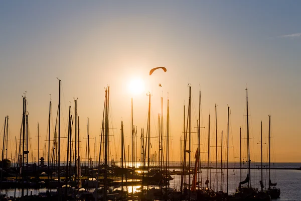 Sunset paragliding over yachts — Stock Photo, Image