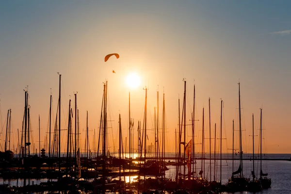 Sunset paragliding over yachts — Stock Photo, Image