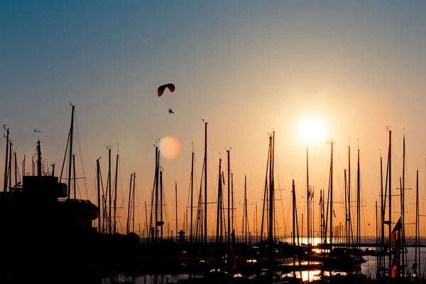 Sunset paragliding over yachts — Stock Photo, Image