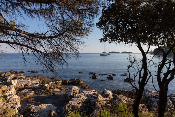 Solnedgång och lyx yacht i havet — Stockfoto