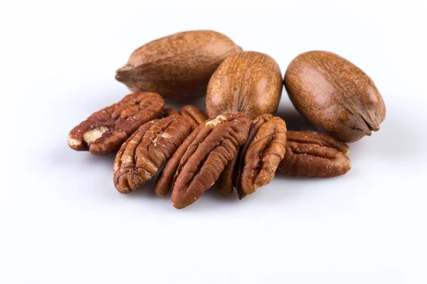 Few Pecan Nuts Isolated White Background — Stock Photo, Image