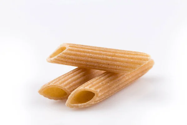 Wholemeal Pasta Penne Close Shot Isolated White Background — Stock Photo, Image