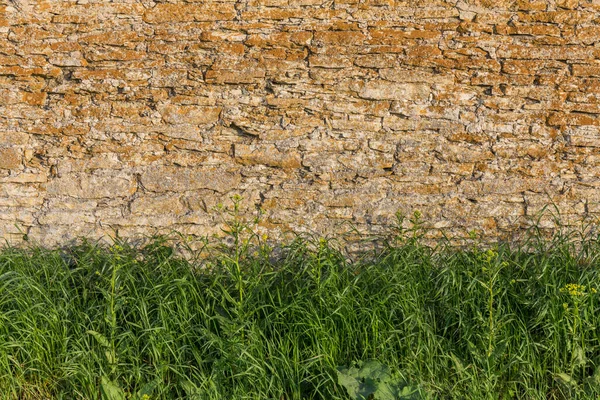 Stenen Muur Met Gras Voorgrond Bij Zonsondergang — Stockfoto