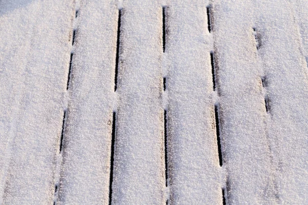 Schnee Bedeckt Holz Terrasse Boden Hintergrund Textur — Stockfoto