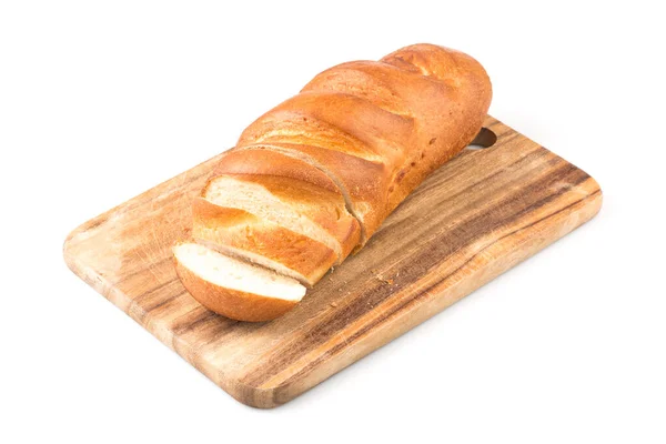 Pão Pão Uma Tábua Corte Madeira Isolada Branco — Fotografia de Stock