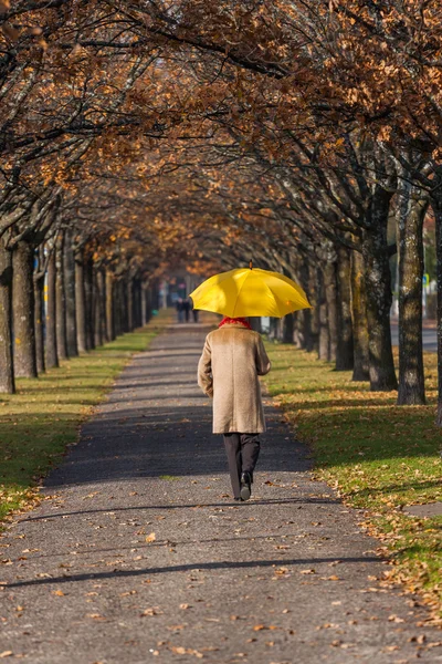 Ältere Frau im Park mit Regenschirm — Stockfoto