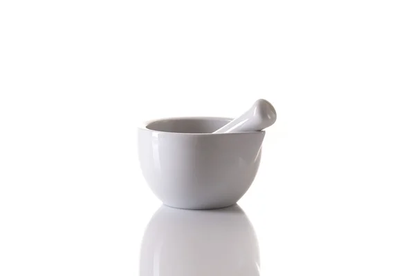 White porcelain mortar and pestle set on white — Stock Photo, Image