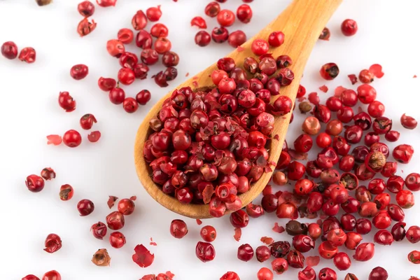 Red peppercorns in wooden spoon isolated — Stock Photo, Image