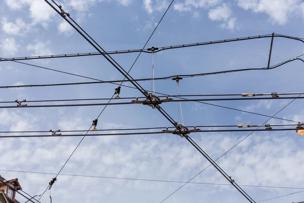 Trolley trolleybus electricity cable lines — Stock Photo, Image