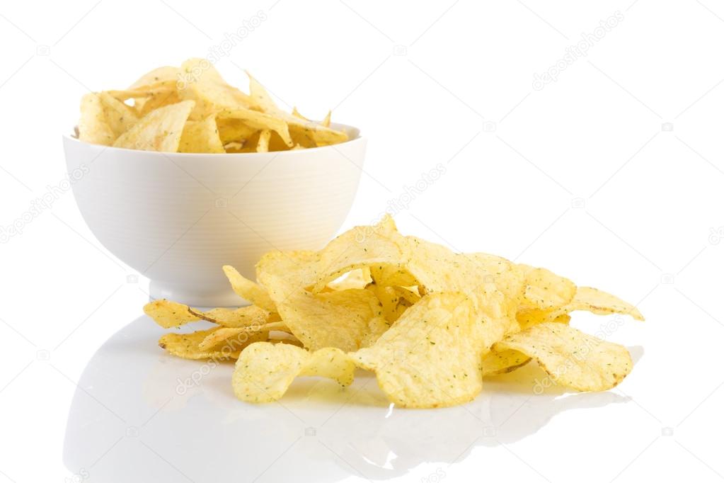 Prepared potato chips snack closeup view