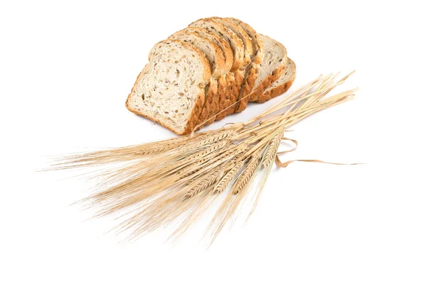 Vers brood en tarwe op wit — Stockfoto