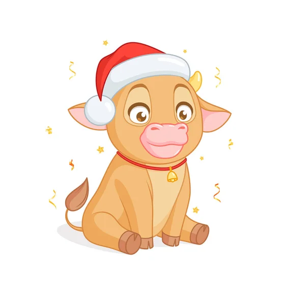 Leuke baby stier in Santas hoed zit. Cartoon vector op witte achtergrond. — Stockvector