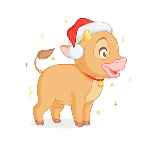 Bonito touro bebé em pé chapéu de Pai Natal. Vetor de desenhos animados no fundo branco. —  Vetores de Stock