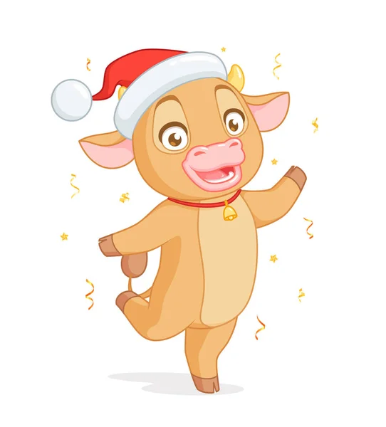Cute baby ox in Santas hat standing on one leg. Vector cartoon character on white background. — Stock Vector