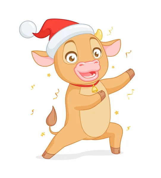 Cute baby ox in Santas hat presenting. Vector cartoon character on white background. — Stock Vector