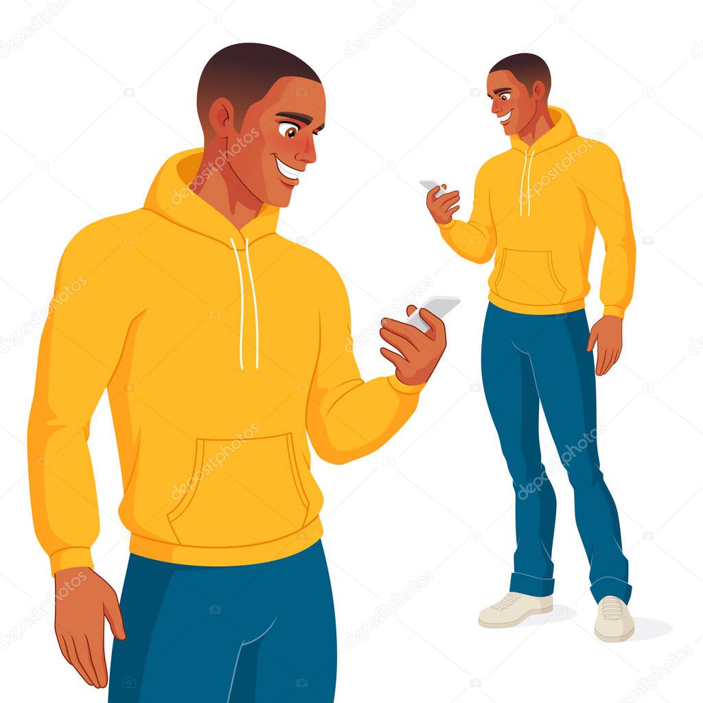 Black man checking his phone. Isolated vector illustration.