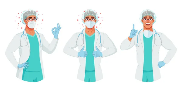 Läkare i mask, hatt och handskar visar OK, tummen upp, fingret upp. Skydd mot coronavirus. Vektoruppsättning. — Stock vektor