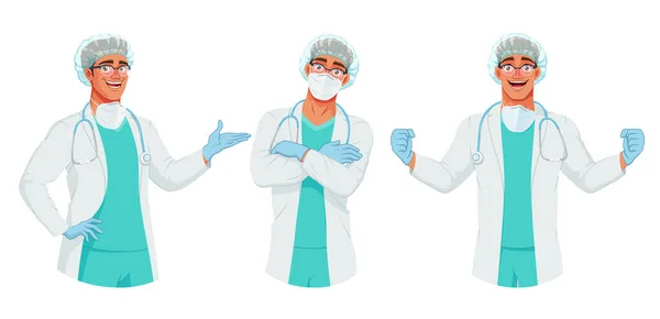 Doctor in hat, mask, and gloves in different poses. Presenting, arms crossed over chest, raising hands up. Vector set. — Stock Vector