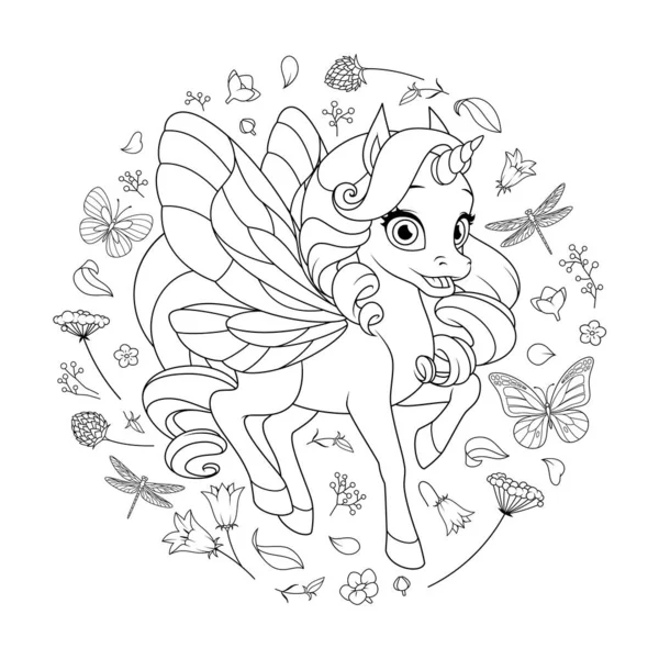 Lindo unicornio de hadas con alas rodeadas de flores y mariposas. Vector para colorear página. — Vector de stock