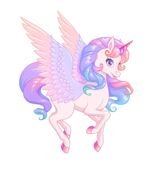 Hermoso unicornio rosa alado volador. Ilustración vectorial. — Vector de stock