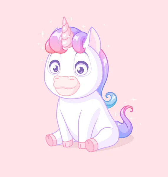 Lindo unicornio bebé sentado. Ilustración vectorial sobre fondo rosa. — Vector de stock