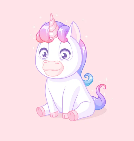 Bayi unicorn yang lucu duduk. Ilustrasi vektor pada latar belakang pink. - Stok Vektor