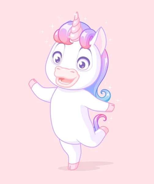 Lindo unicornio bebé de pie sobre una pierna. Personaje de dibujos animados vectorial sobre fondo rosa. — Vector de stock