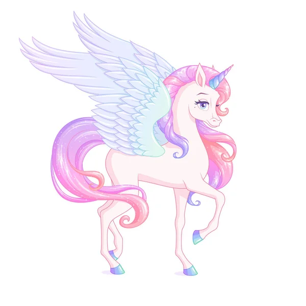 Beautiful Winged Unicorn Pink Mane Vector Illustration Isolated White Background — Stock Vector