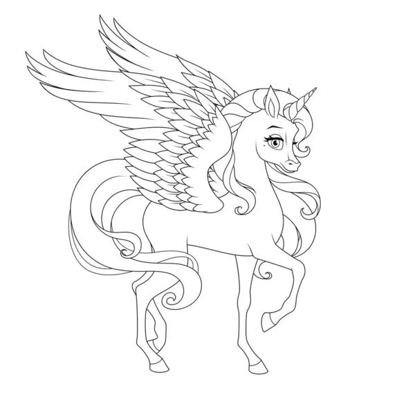 Hermoso Unicornio Con Alas Vector Ilustración Blanco Negro Para Colorear — Vector de stock