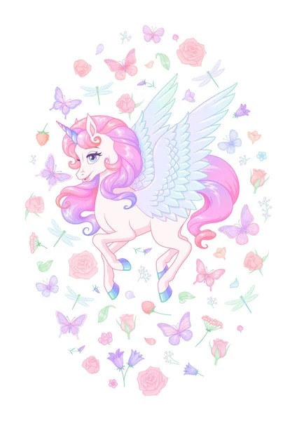 Carino unicorno rosa volante con ali circondate da fiori e farfalle. Illustrazione vettoriale. — Vettoriale Stock