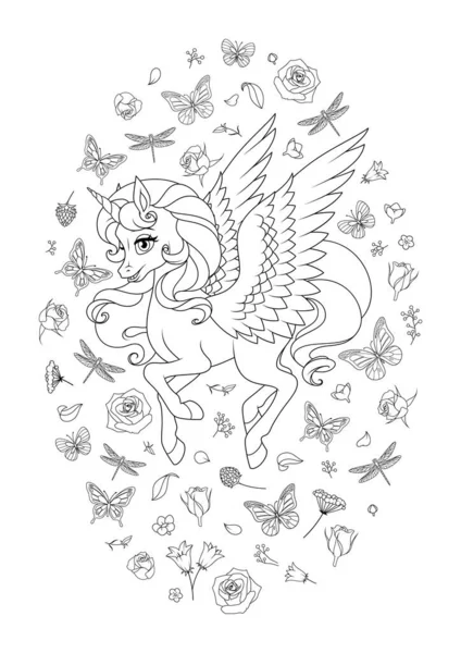 Lindo unicornio rosa volador con alas rodeadas de flores y mariposas. Vector para colorear página. — Vector de stock
