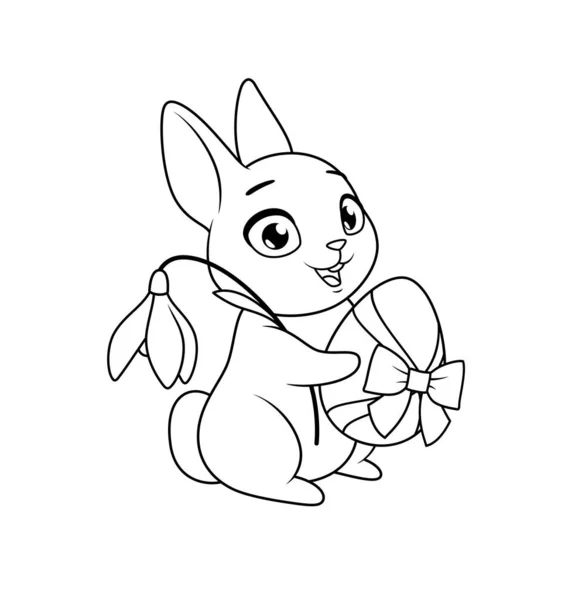 Cute bunny holding egg and snowdrop flower. Easter greeting cartoon vector coloring page. — Stock Vector