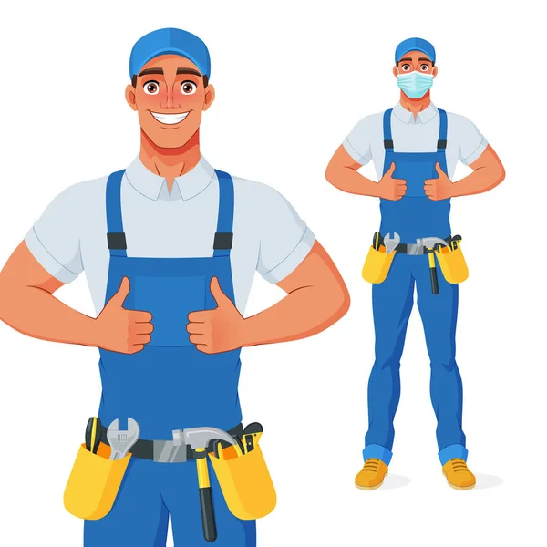 Handyman em geral e cinto de ferramentas mostrando polegares para cima. Personagem de desenho animado vetorial. —  Vetores de Stock