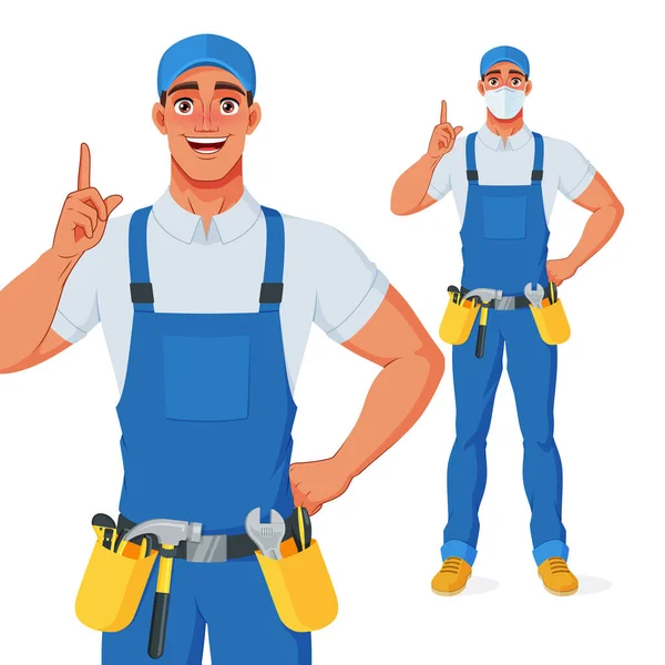 Handyman em geral e cinto ferramenta apontando dedo para cima para dar conselhos. Personagem de desenho animado vetorial. — Vetor de Stock