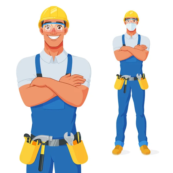 Handyman in slabbetjes overall, harde hoed en beschermende bril met armen over de borst. Vector stripfiguur. — Stockvector