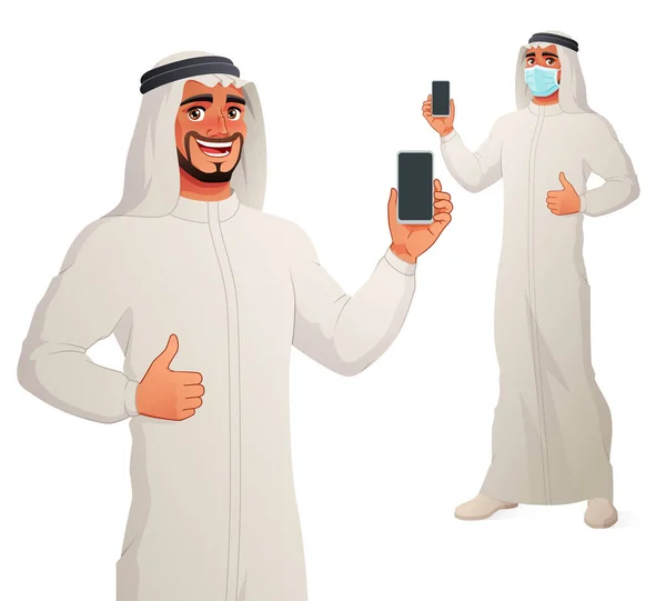 Arab ukazuje prázdnou obrazovku smartphonu s palcem nahoru. Vektorový kreslený znak. — Stockový vektor