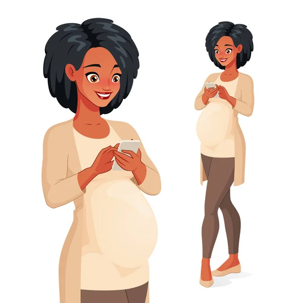 Sorrindo mulher negra africana grávida usando telefone celular. Ilustração vetorial. — Vetor de Stock